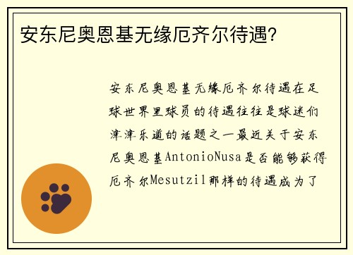 安东尼奥恩基无缘厄齐尔待遇？